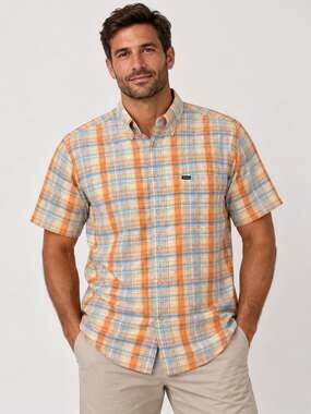 Façonnable Orange Blue Plaid Shirt L Coastal Grandpa Preppy Resort